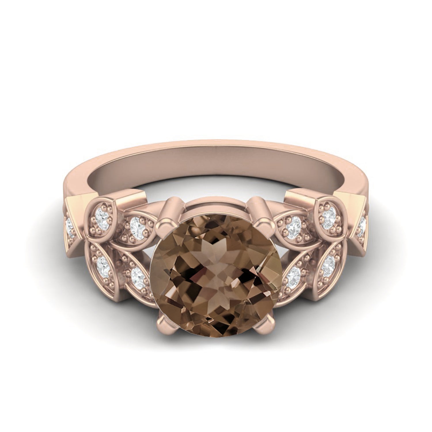 Smoky Quartz 2.00 Ct Round Floral Accent Ring – 14K Yellow Gold