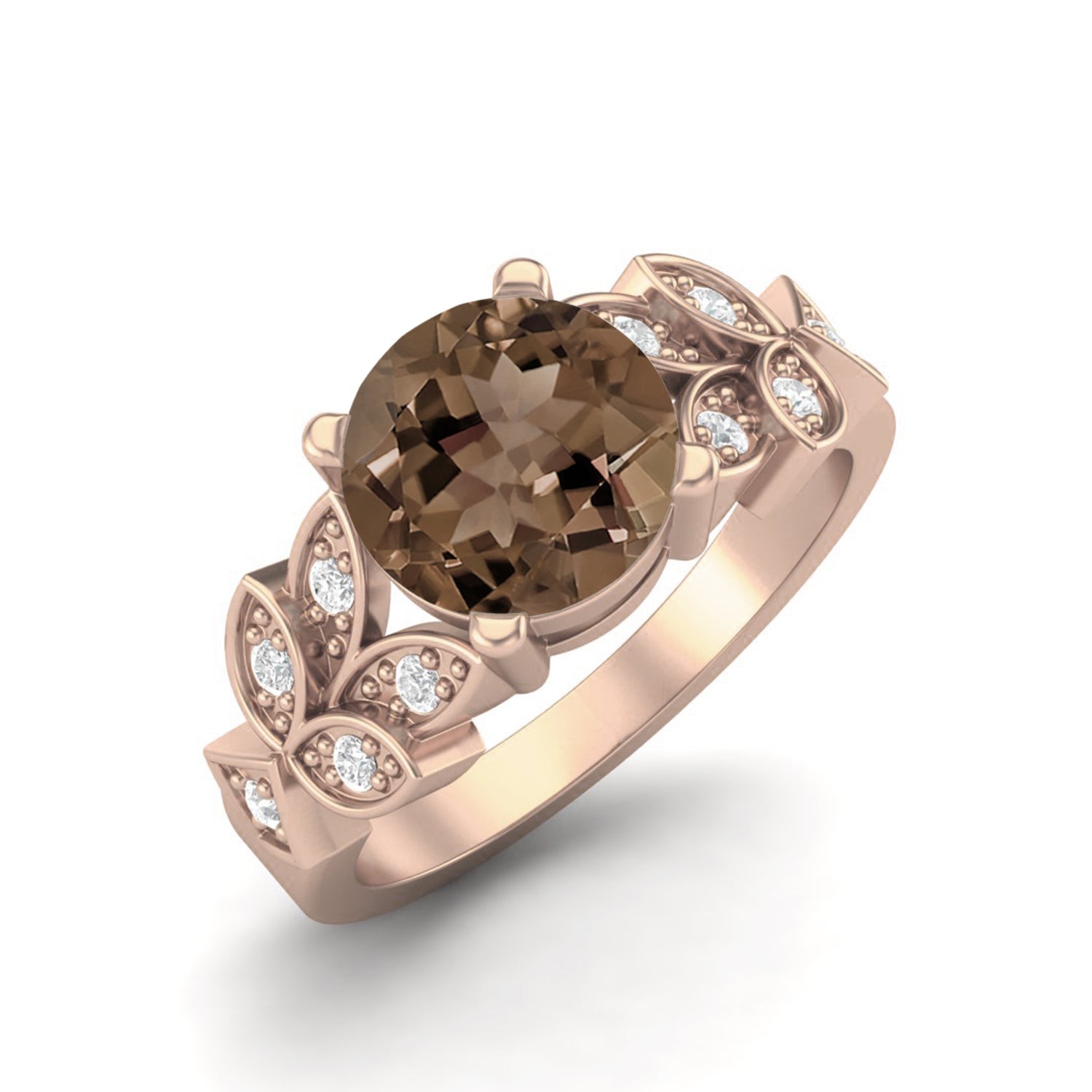 Smoky Quartz 2.00 Ct Round Floral Accent Ring – 14K Yellow Gold
