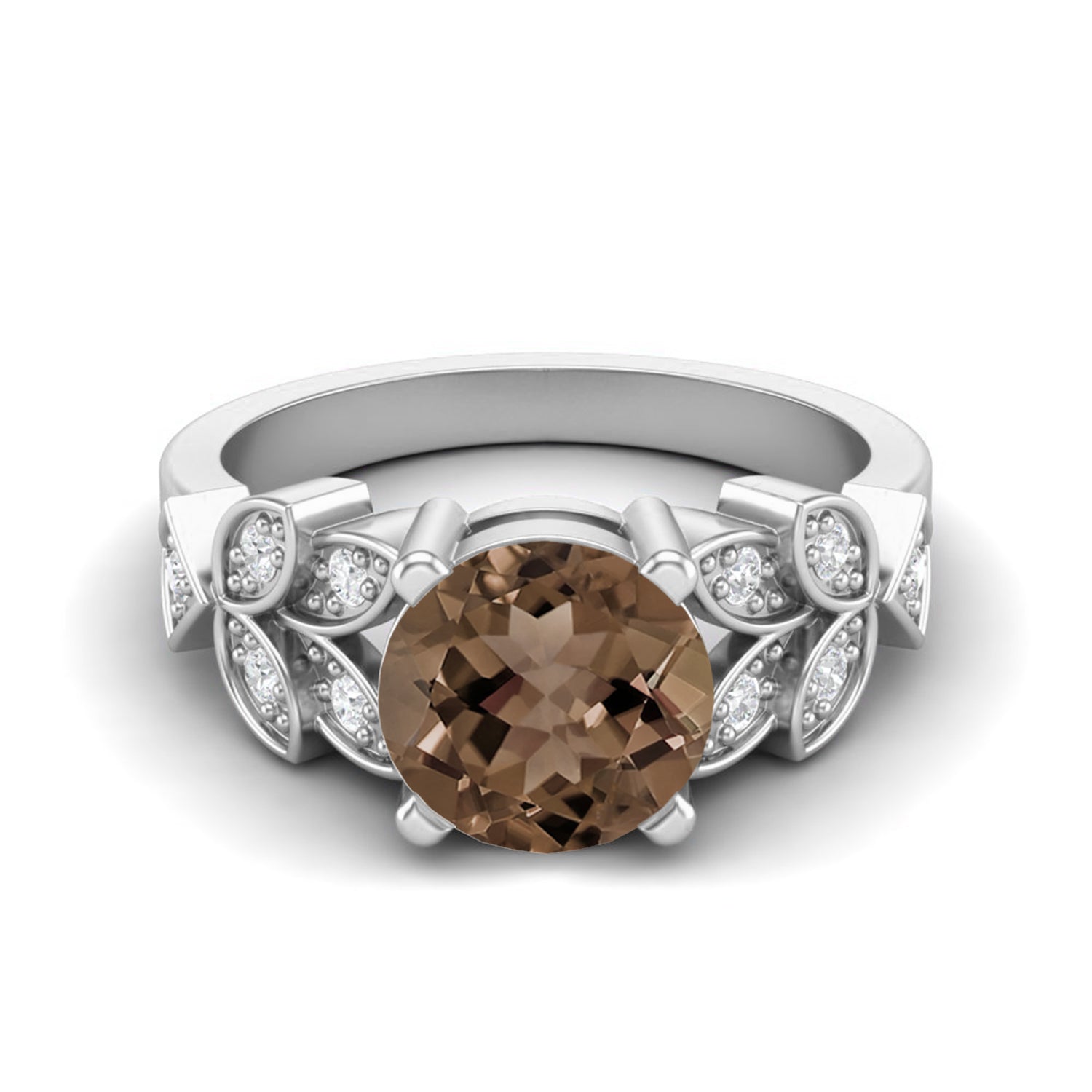 Smoky Quartz 2.00 Ct Round Floral Accent Ring – 14K Yellow Gold
