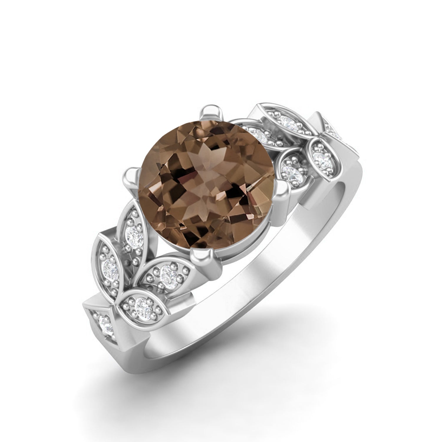 Smoky Quartz 2.00 Ct Round Floral Accent Ring – 14K Yellow Gold