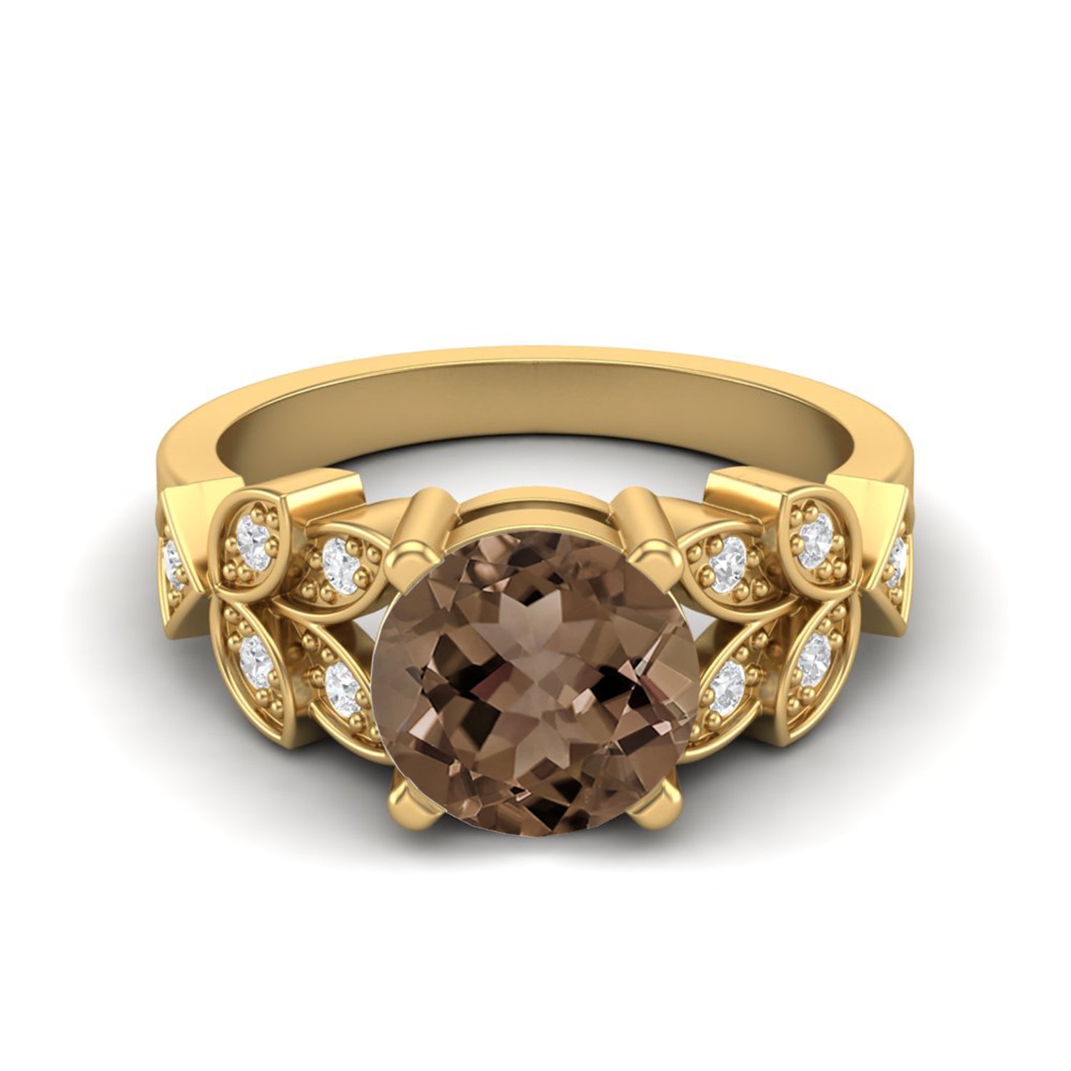 Smoky Quartz 2.00 Ct Round Floral Accent Ring – 14K Yellow Gold