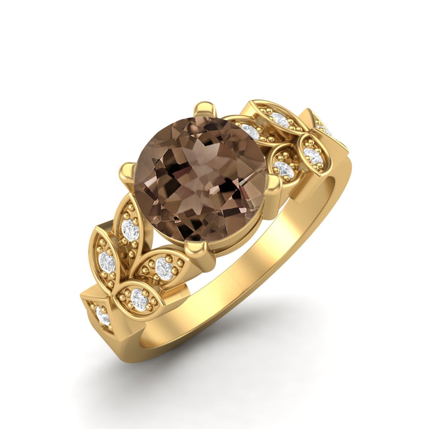Smoky Quartz 2.00 Ct Round Floral Accent Ring – 14K Yellow Gold