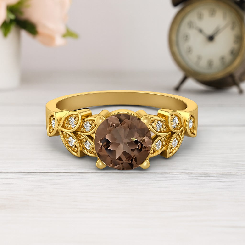Smoky Quartz 2.00 Ct Round Floral Accent Ring – 14K Yellow Gold