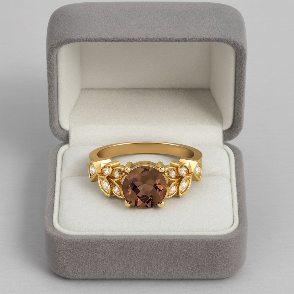 Smoky Quartz 2.00 Ct Round Floral Accent Ring – 14K Yellow Gold
