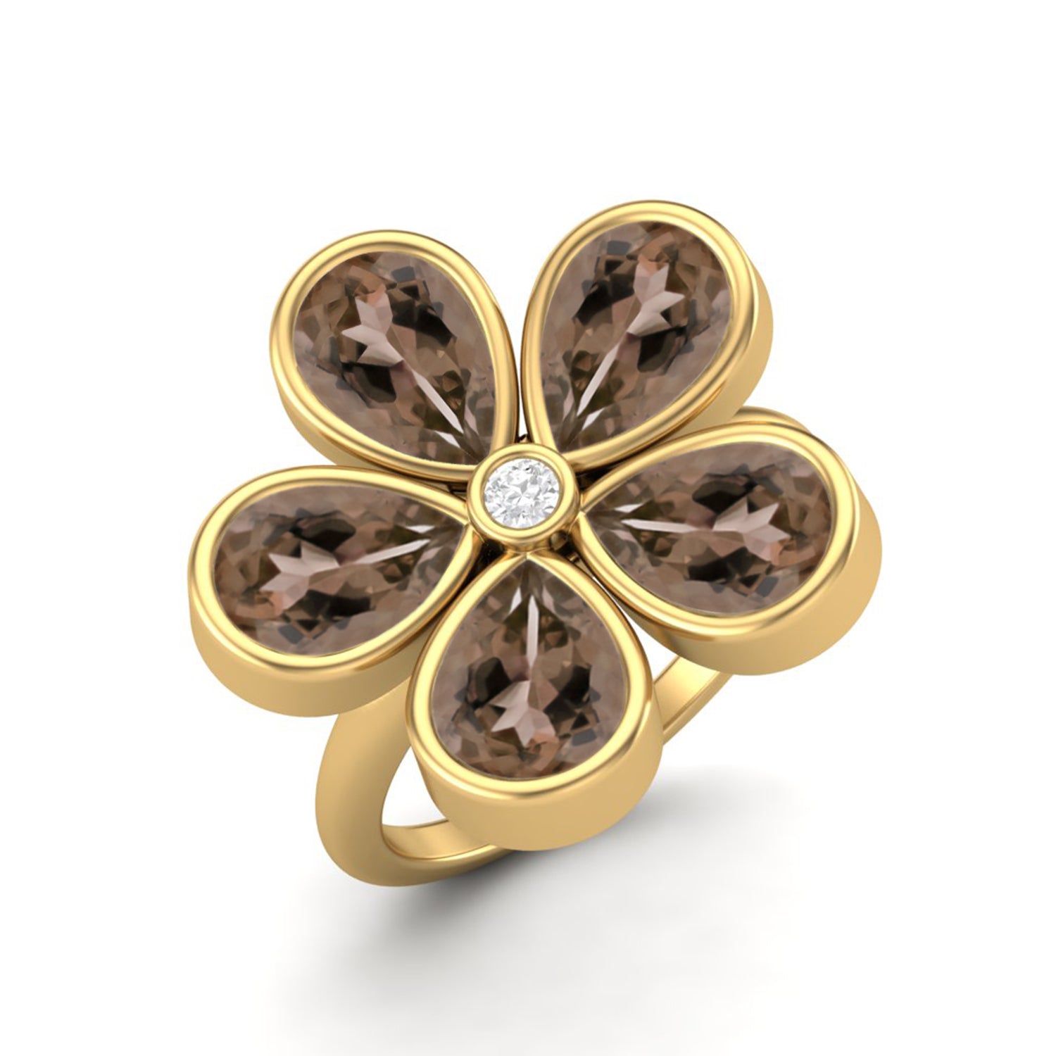 Smoky Quartz 3.75 Ct Pear Floral Cluster Ring - 14K Yellow Gold