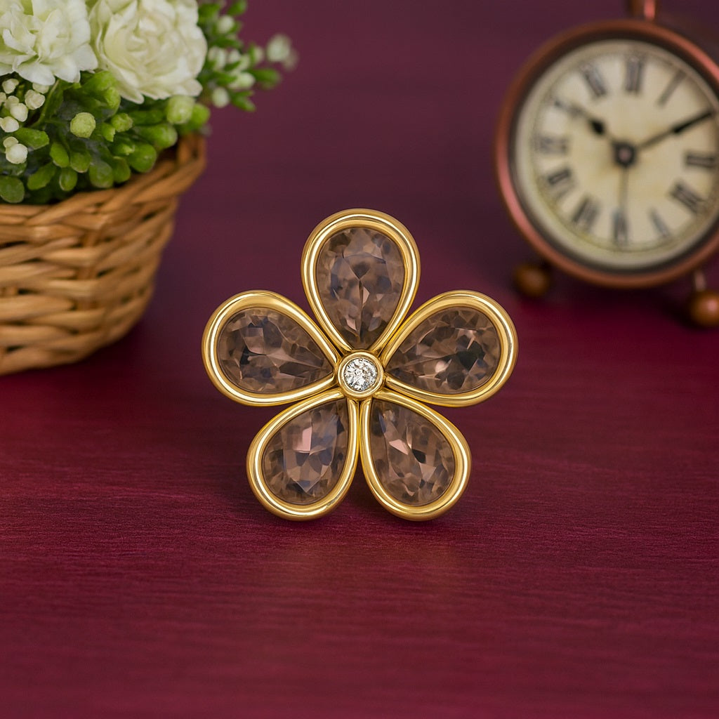 Smoky Quartz 3.75 Ct Pear Floral Cluster Ring - 14K Yellow Gold