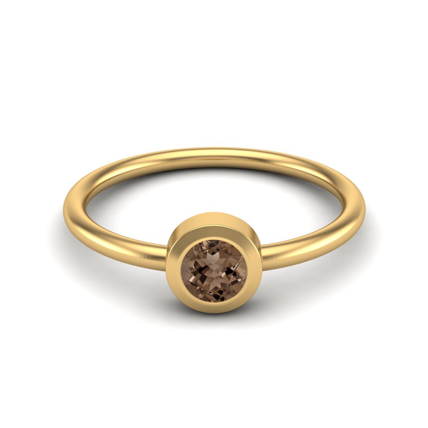 Smoky Quartz 0.25 Ct Round Bezel Solitaire Ring – 14K Yellow Gold
