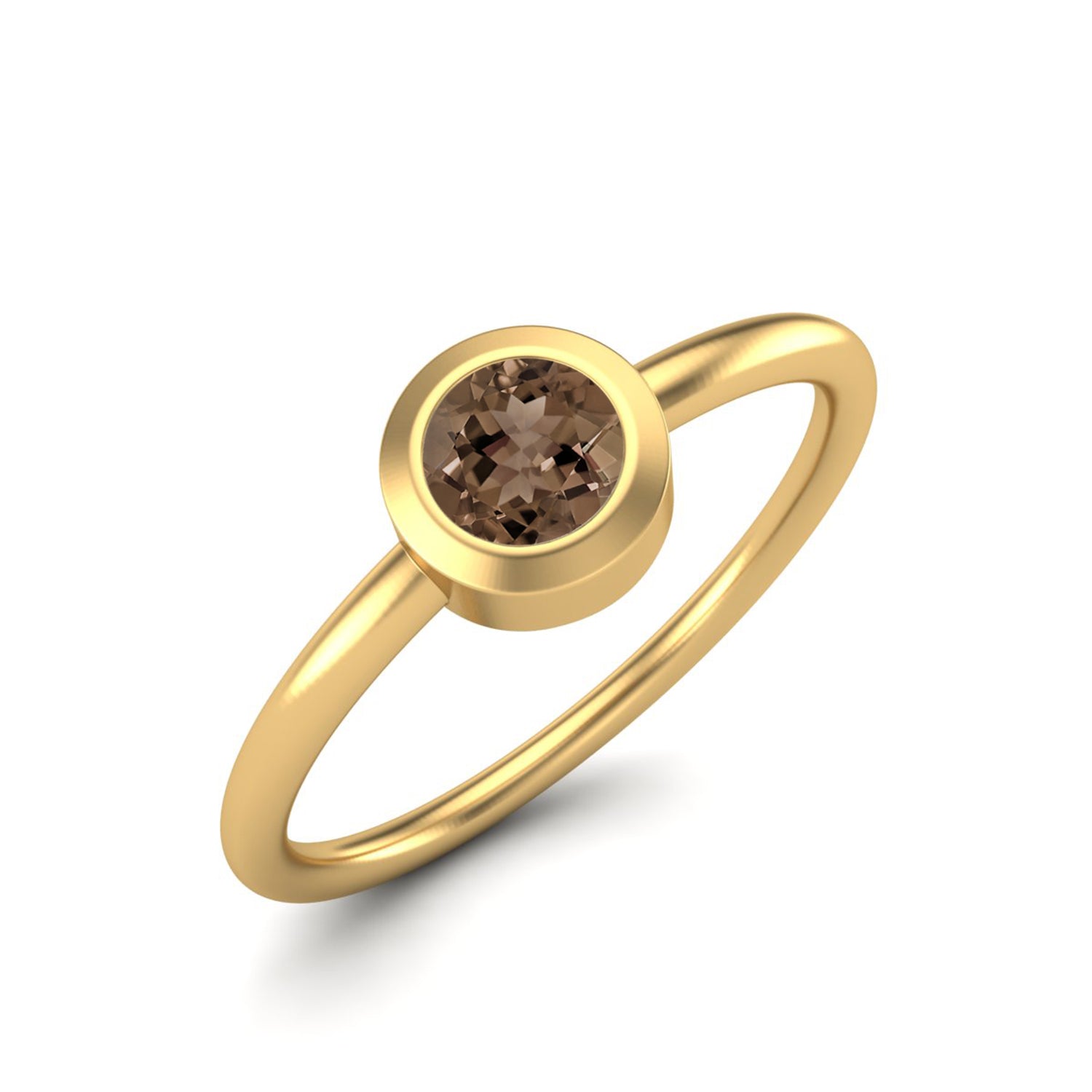 Smoky Quartz 0.25 Ct Round Bezel Solitaire Ring – 14K Yellow Gold