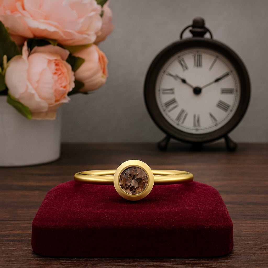 Smoky Quartz 0.25 Ct Round Bezel Solitaire Ring – 14K Yellow Gold