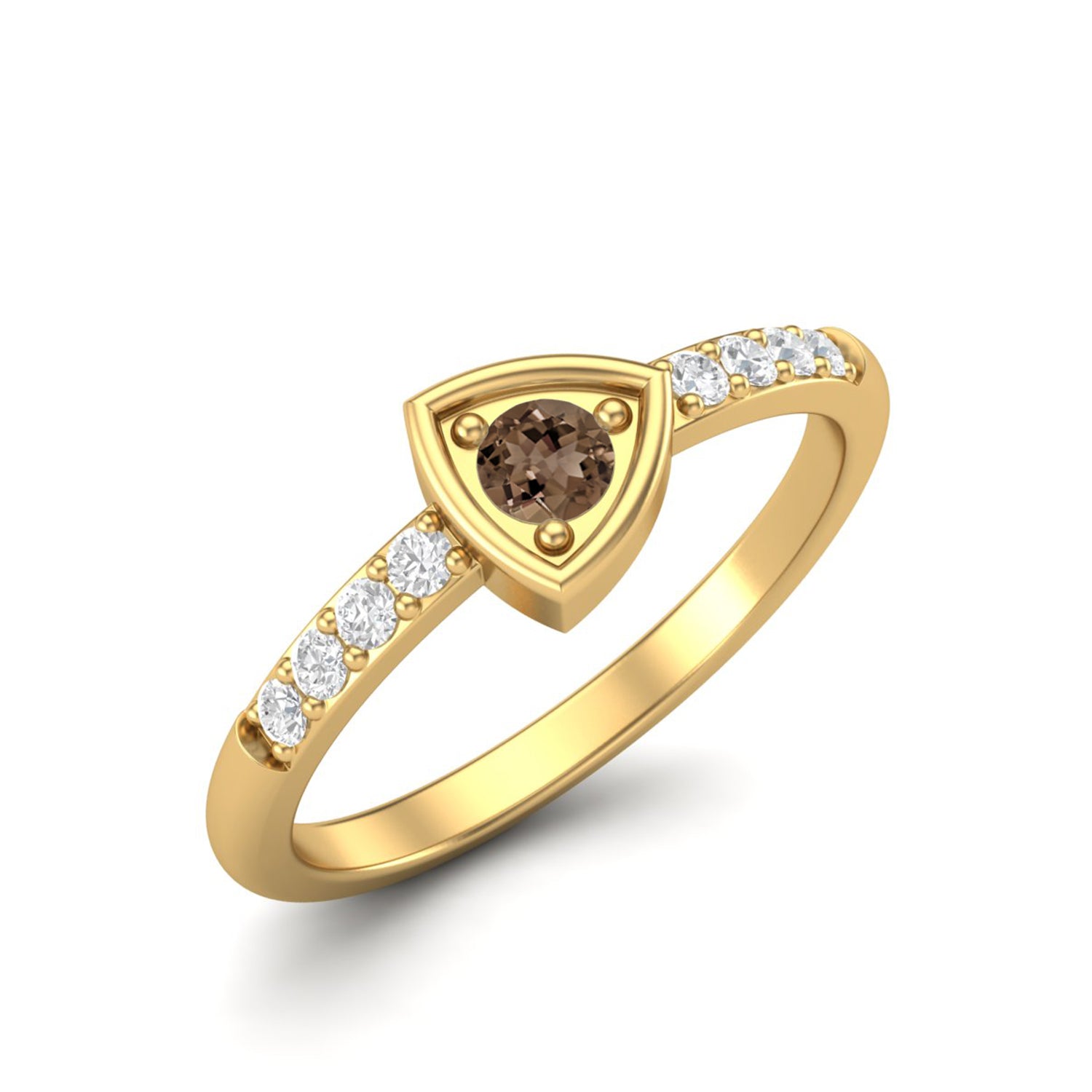 Smoky Quartz 0.10 Ct Round Shield Inspired Side Accent Ring – 14K Yellow Gold