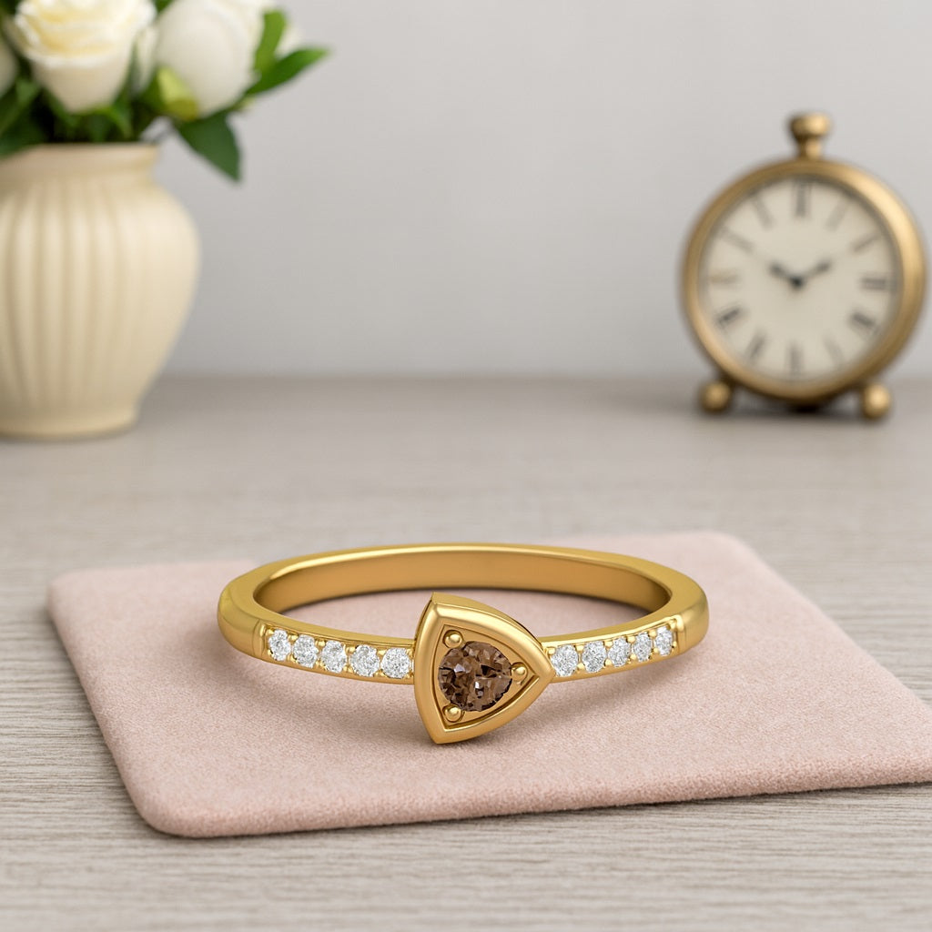 Smoky Quartz 0.10 Ct Round Shield Inspired Side Accent Ring – 14K Yellow Gold