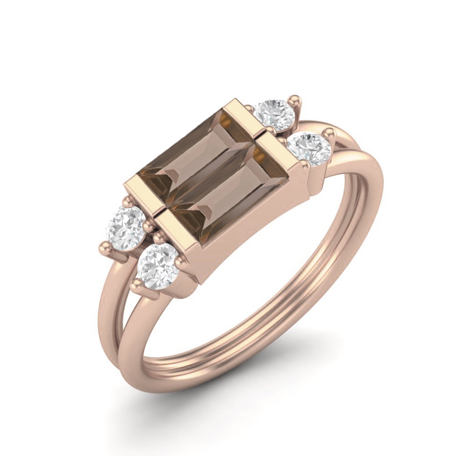 Smoky Quartz 0.60 Ct Baguette Dual Band Ring – 14K Yellow Gold