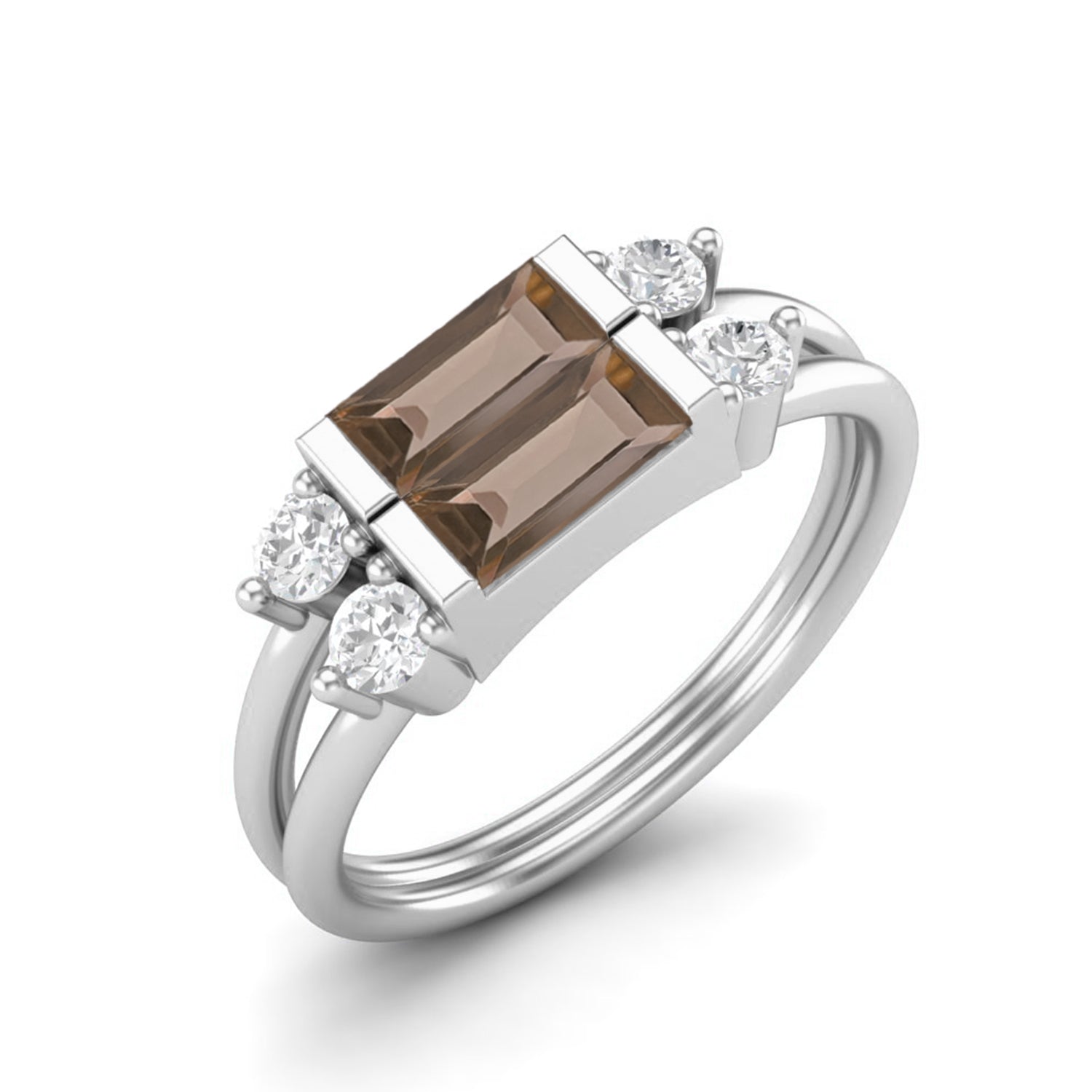 Smoky Quartz 0.60 Ct Baguette Dual Band Ring – 14K Yellow Gold