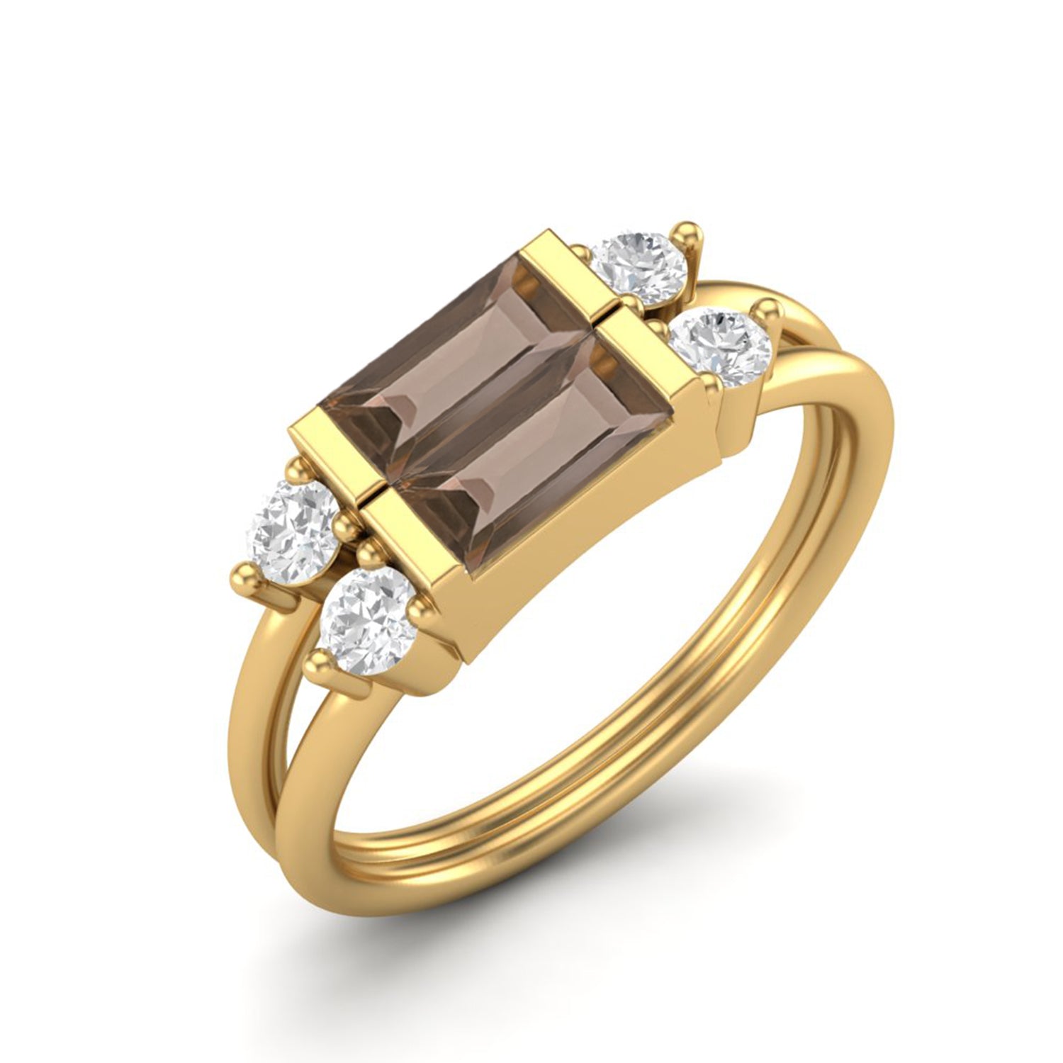 Smoky Quartz 0.60 Ct Baguette Dual Band Ring – 14K Yellow Gold