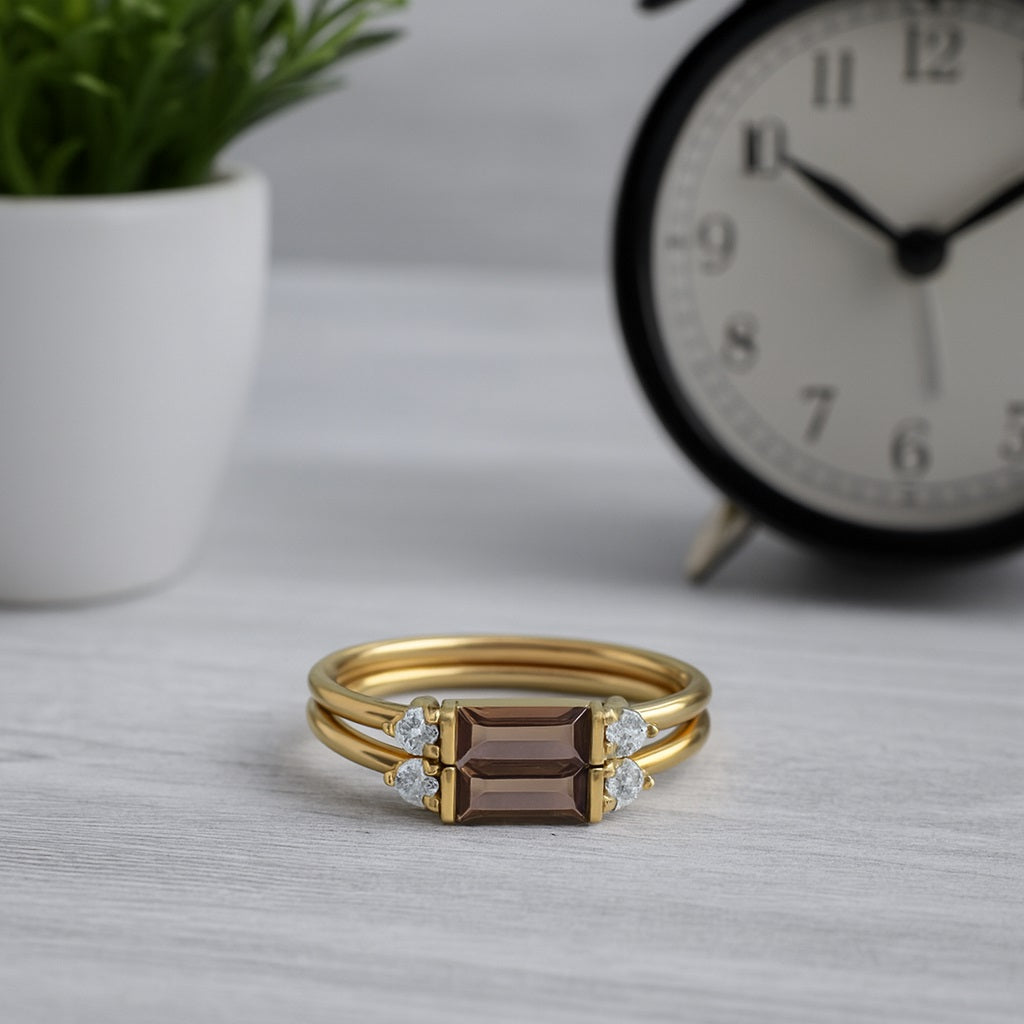 Smoky Quartz 0.60 Ct Baguette Dual Band Ring – 14K Yellow Gold