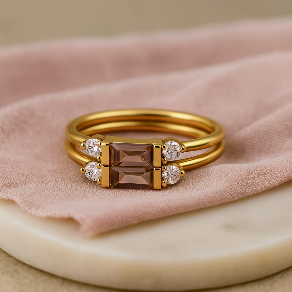 Smoky Quartz 0.60 Ct Baguette Dual Band Ring – 14K Yellow Gold
