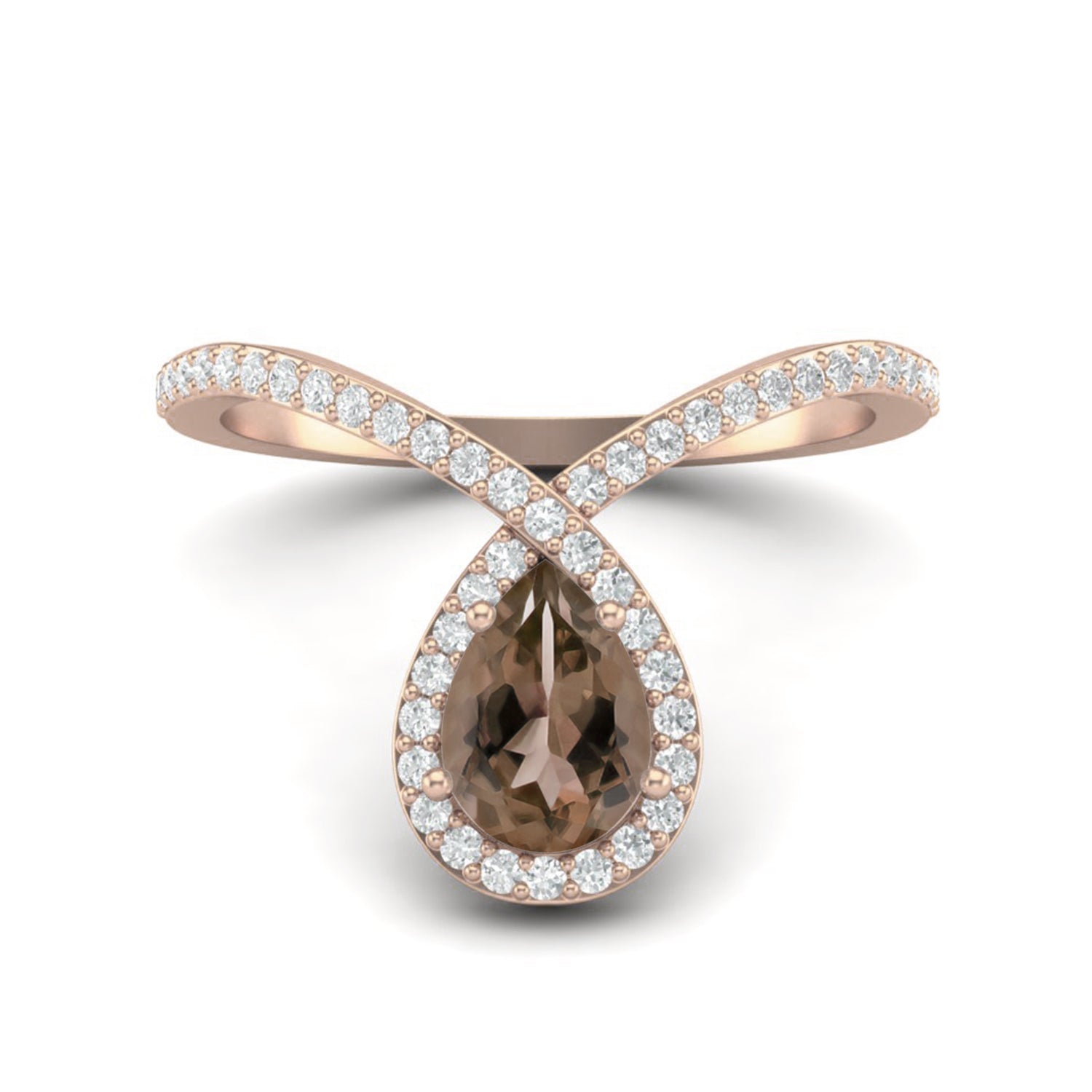 Smoky Quartz 0.75 Ct Pear Halo Crossover Band Ring – 14K Yellow Gold