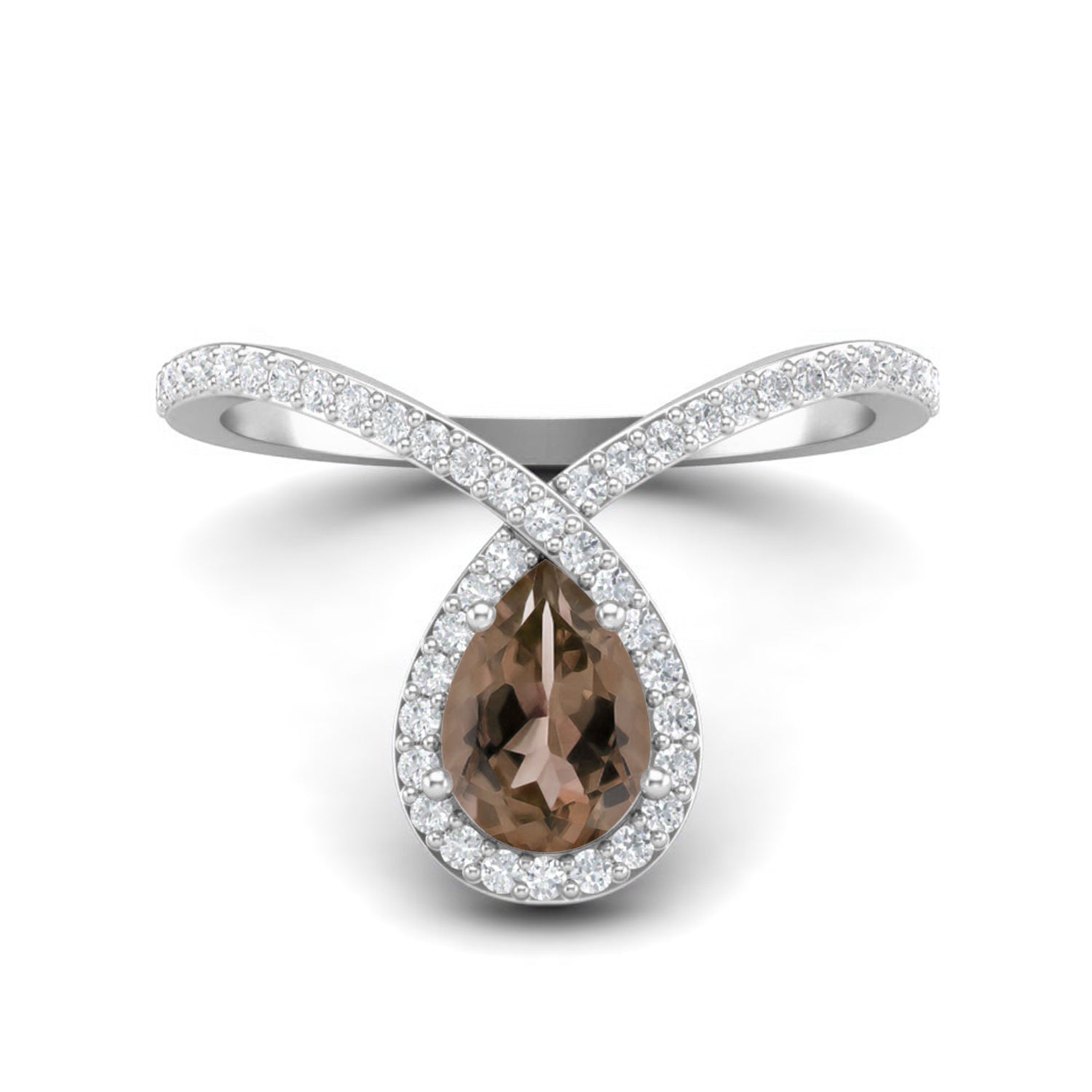 Smoky Quartz 0.75 Ct Pear Halo Crossover Band Ring – 14K Yellow Gold