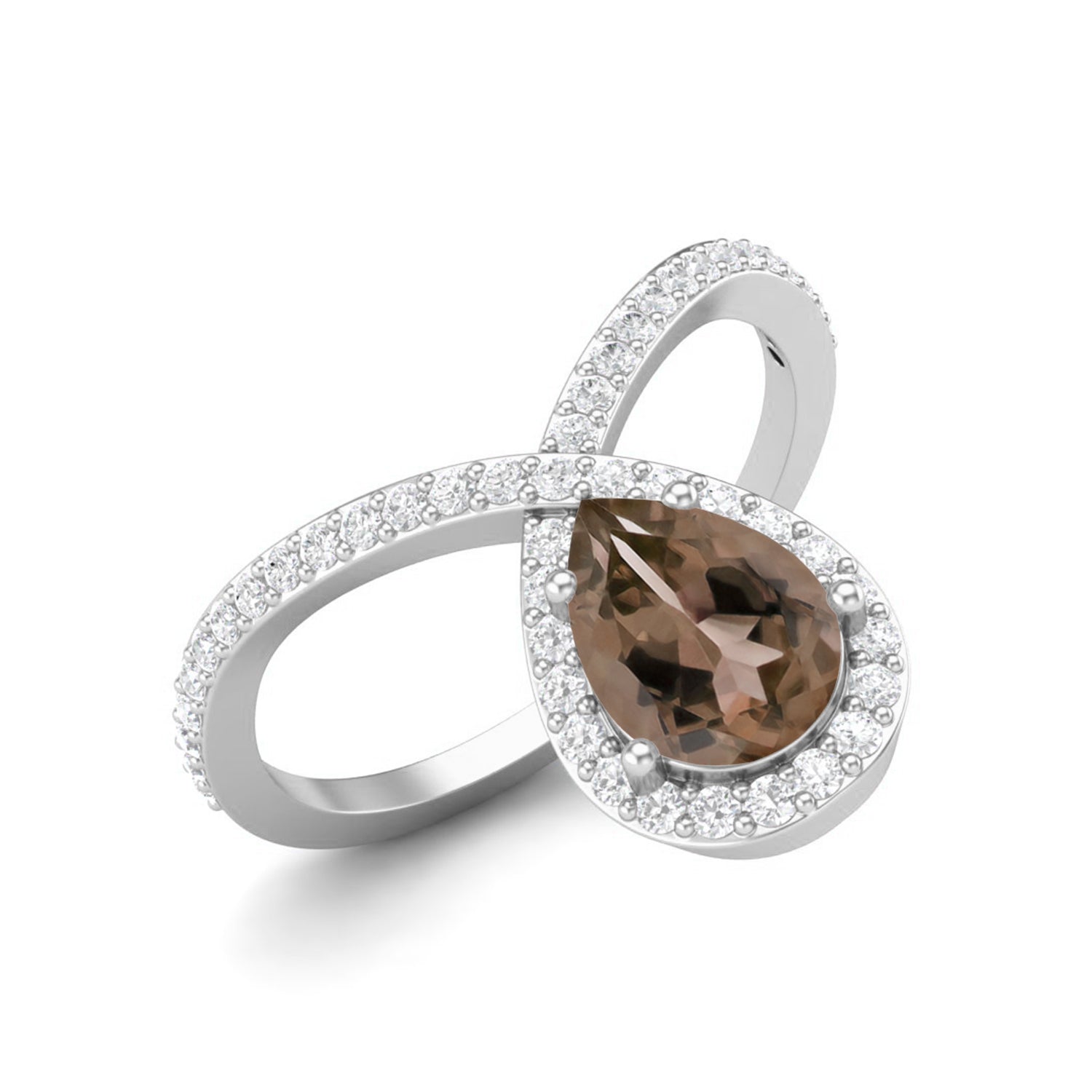 Smoky Quartz 0.75 Ct Pear Halo Crossover Band Ring – 14K Yellow Gold