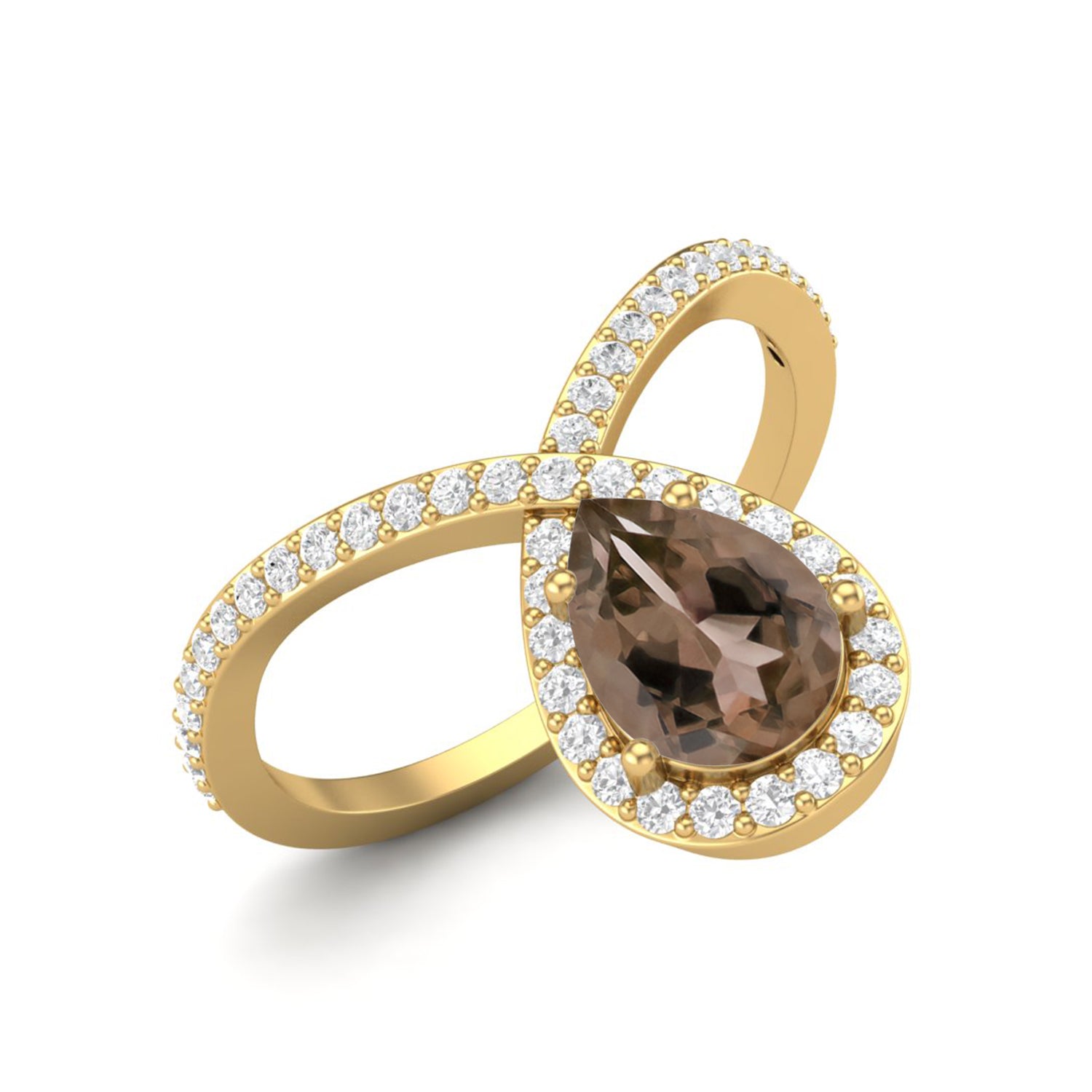 Smoky Quartz 0.75 Ct Pear Halo Crossover Band Ring – 14K Yellow Gold