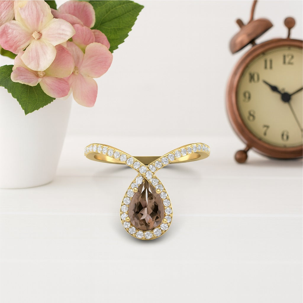 Smoky Quartz 0.75 Ct Pear Halo Crossover Band Ring – 14K Yellow Gold