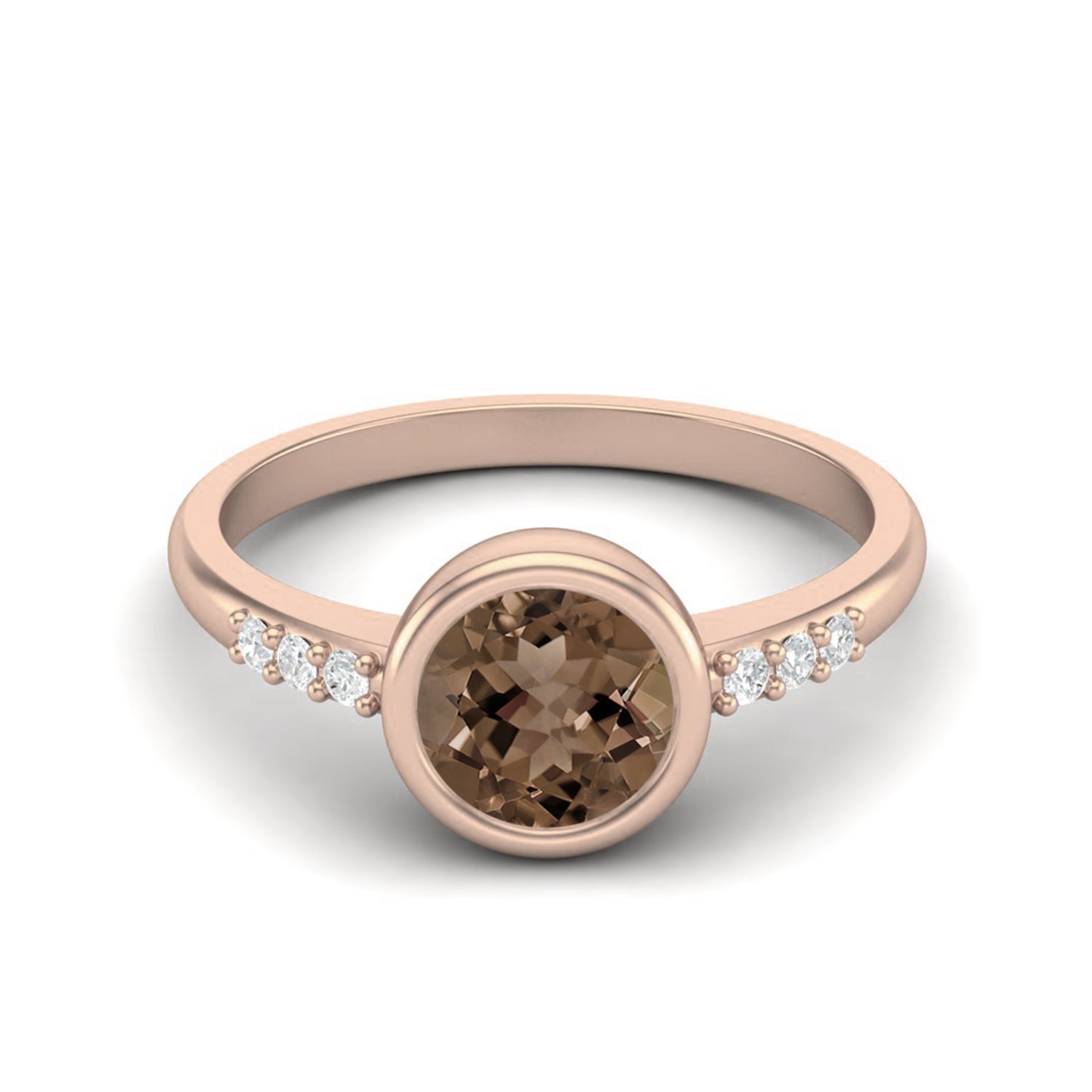 Smoky Quartz 0.75 Ct Round Solitaire Side Accent Ring – 14K Yellow Gold
