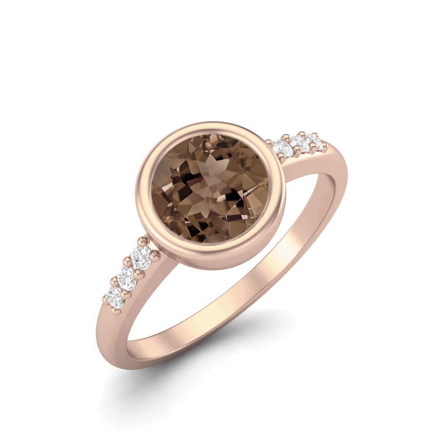 Smoky Quartz 0.75 Ct Round Solitaire Side Accent Ring – 14K Yellow Gold