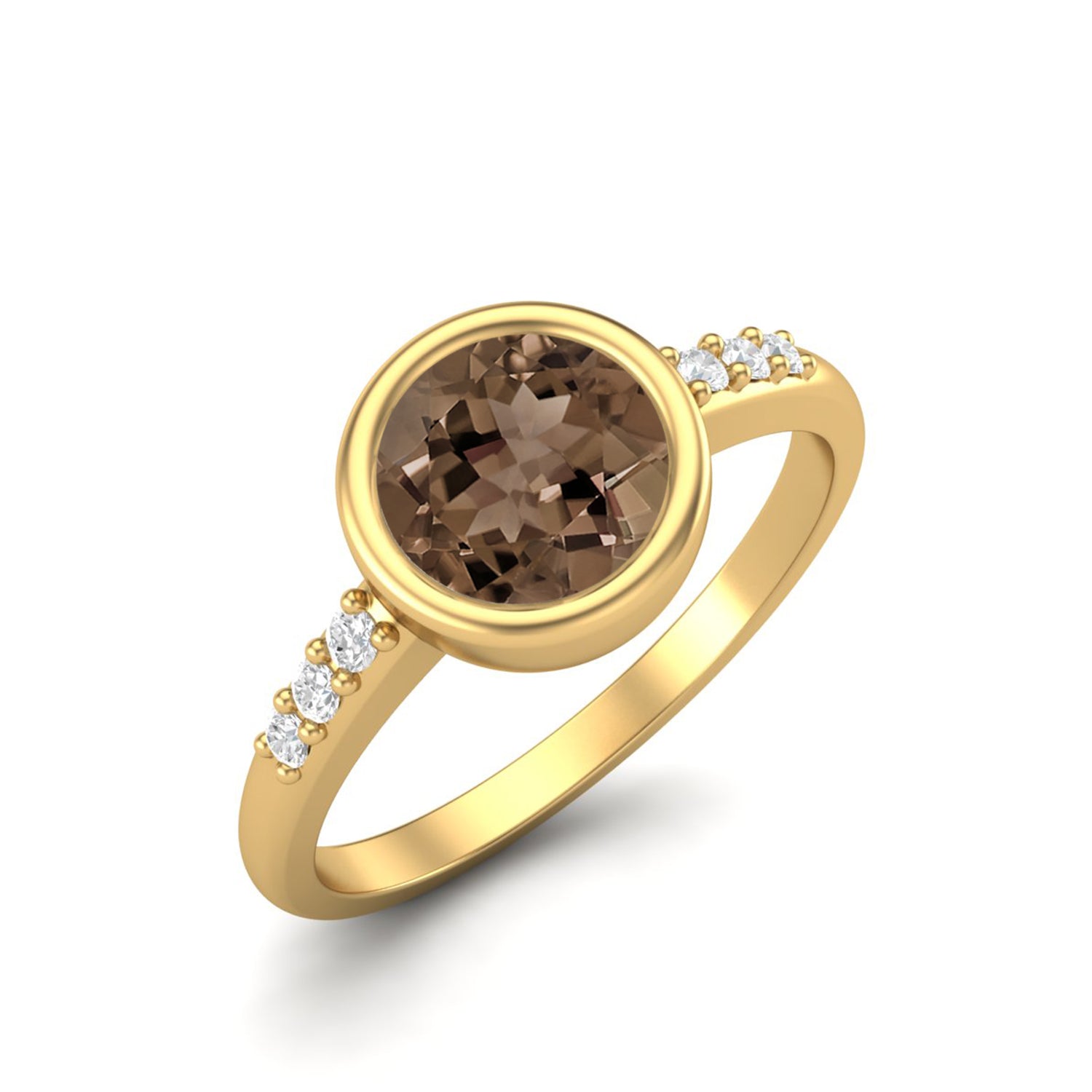 Smoky Quartz 0.75 Ct Round Solitaire Side Accent Ring – 14K Yellow Gold