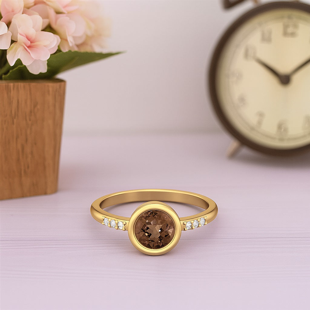 Smoky Quartz 0.75 Ct Round Solitaire Side Accent Ring – 14K Yellow Gold
