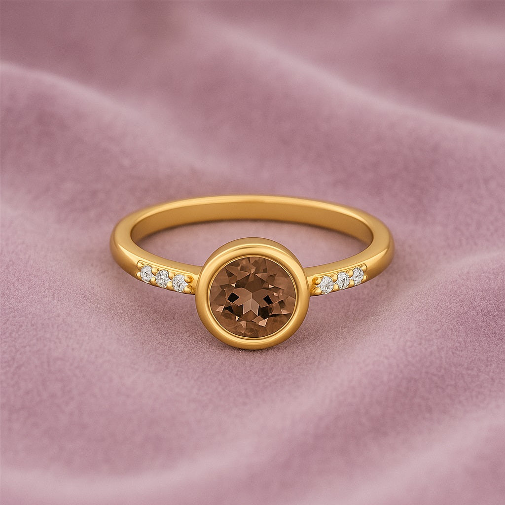Smoky Quartz 0.75 Ct Round Solitaire Side Accent Ring – 14K Yellow Gold