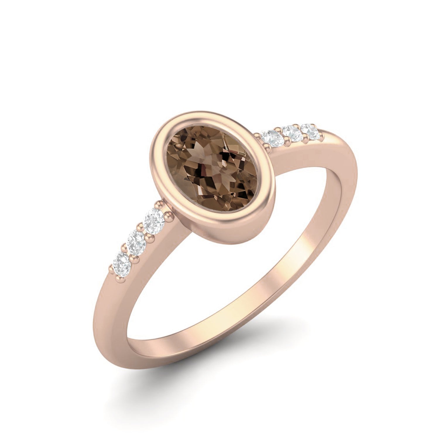 Smoky Quartz 0.50 Ct Oval Solitaire Side Accent Ring – 14K Yellow Gold