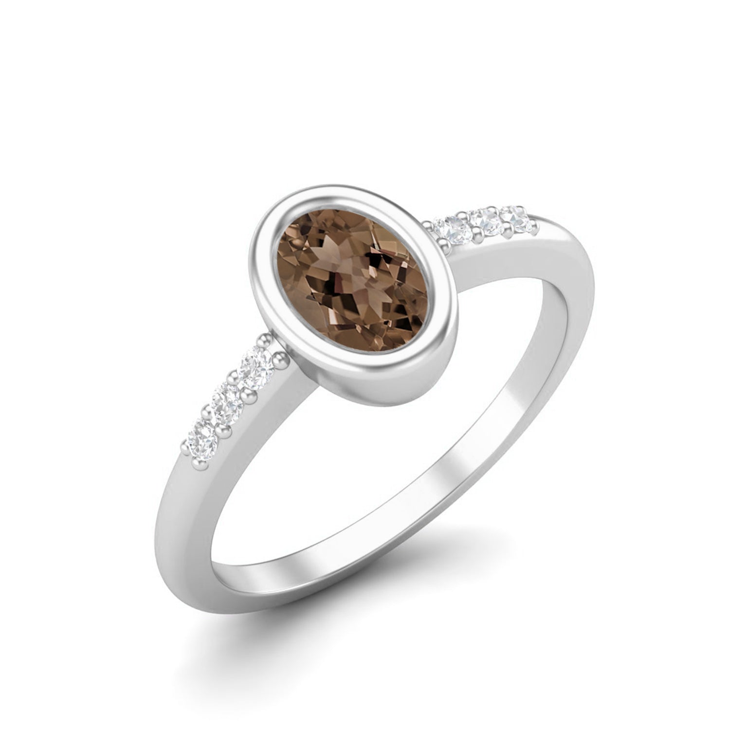 Smoky Quartz 0.50 Ct Oval Solitaire Side Accent Ring – 14K Yellow Gold