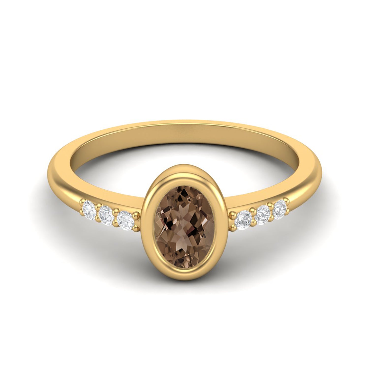 Smoky Quartz 0.50 Ct Oval Solitaire Side Accent Ring – 14K Yellow Gold