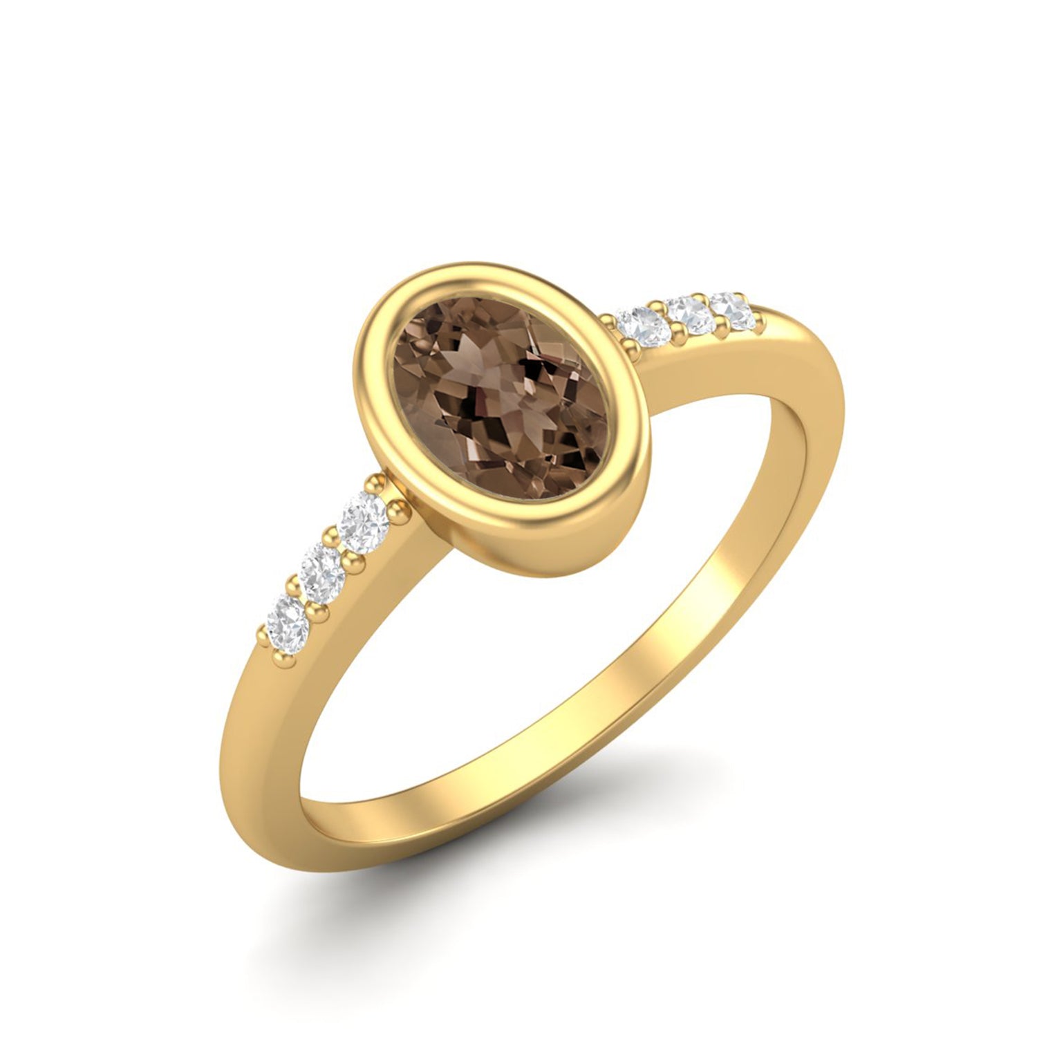 Smoky Quartz 0.50 Ct Oval Solitaire Side Accent Ring – 14K Yellow Gold