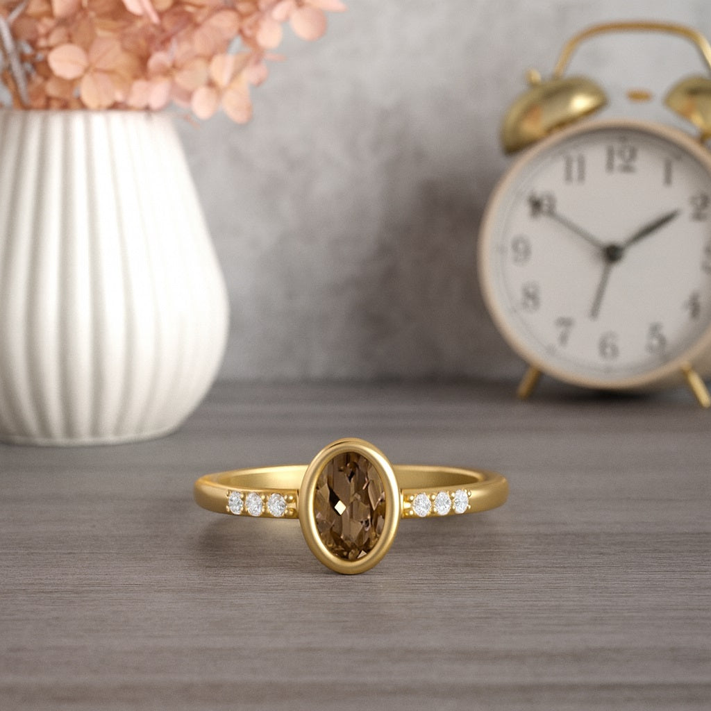 Smoky Quartz 0.50 Ct Oval Solitaire Side Accent Ring – 14K Yellow Gold