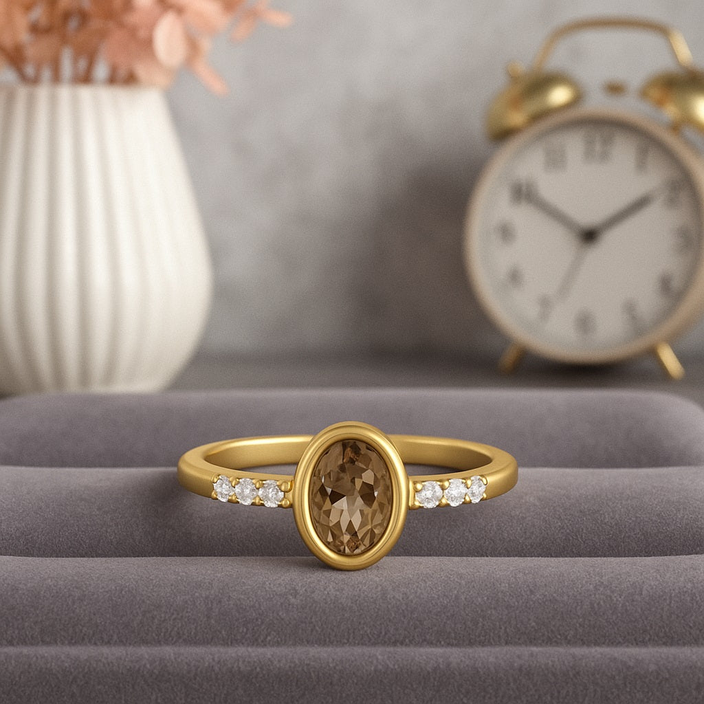 Smoky Quartz 0.50 Ct Oval Solitaire Side Accent Ring – 14K Yellow Gold
