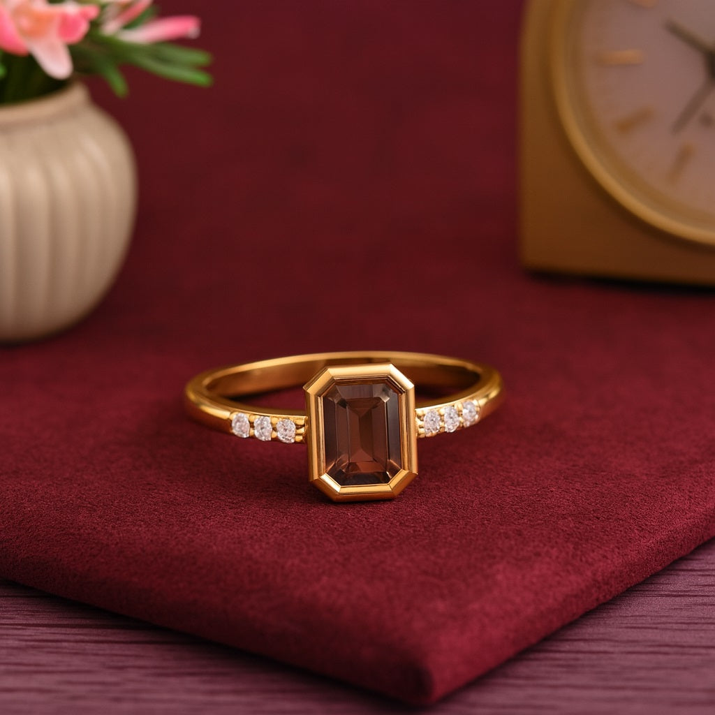 Smoky Quartz 0.50 Ct Emerald-Cut Solitaire Accent Ring – 14K Yellow Gold