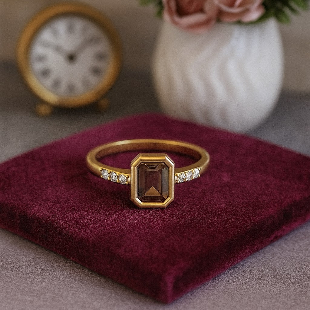 Smoky Quartz 0.50 Ct Emerald-Cut Solitaire Accent Ring – 14K Yellow Gold