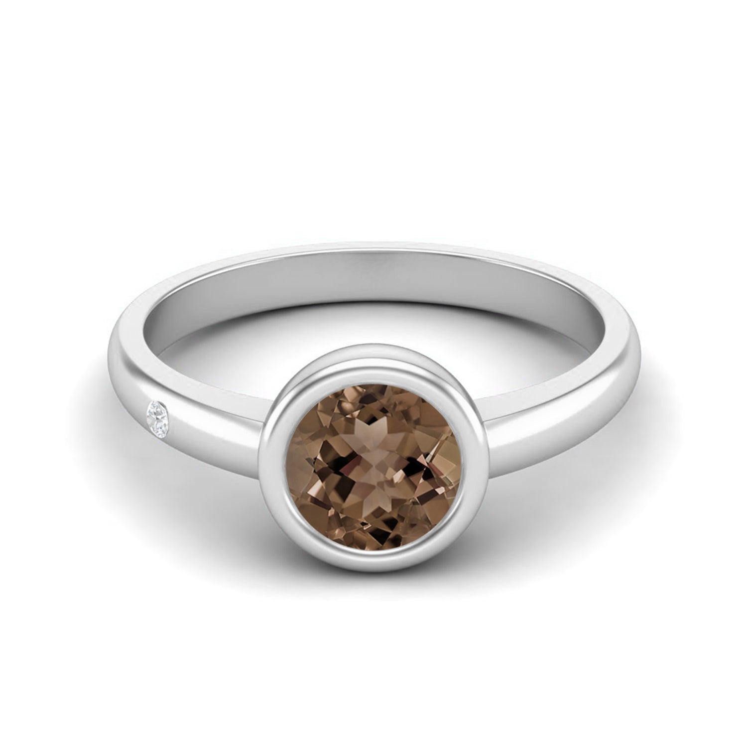 Smoky Quartz 0.75 Ct Round Bezel Solitaire Ring – 14K Yellow Gold