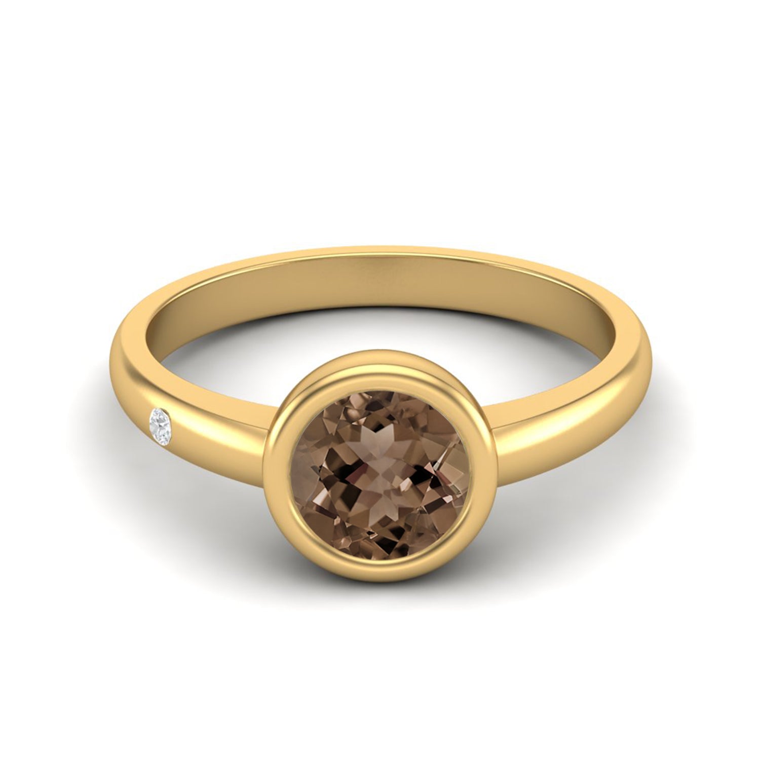 Smoky Quartz 0.75 Ct Round Bezel Solitaire Ring – 14K Yellow Gold