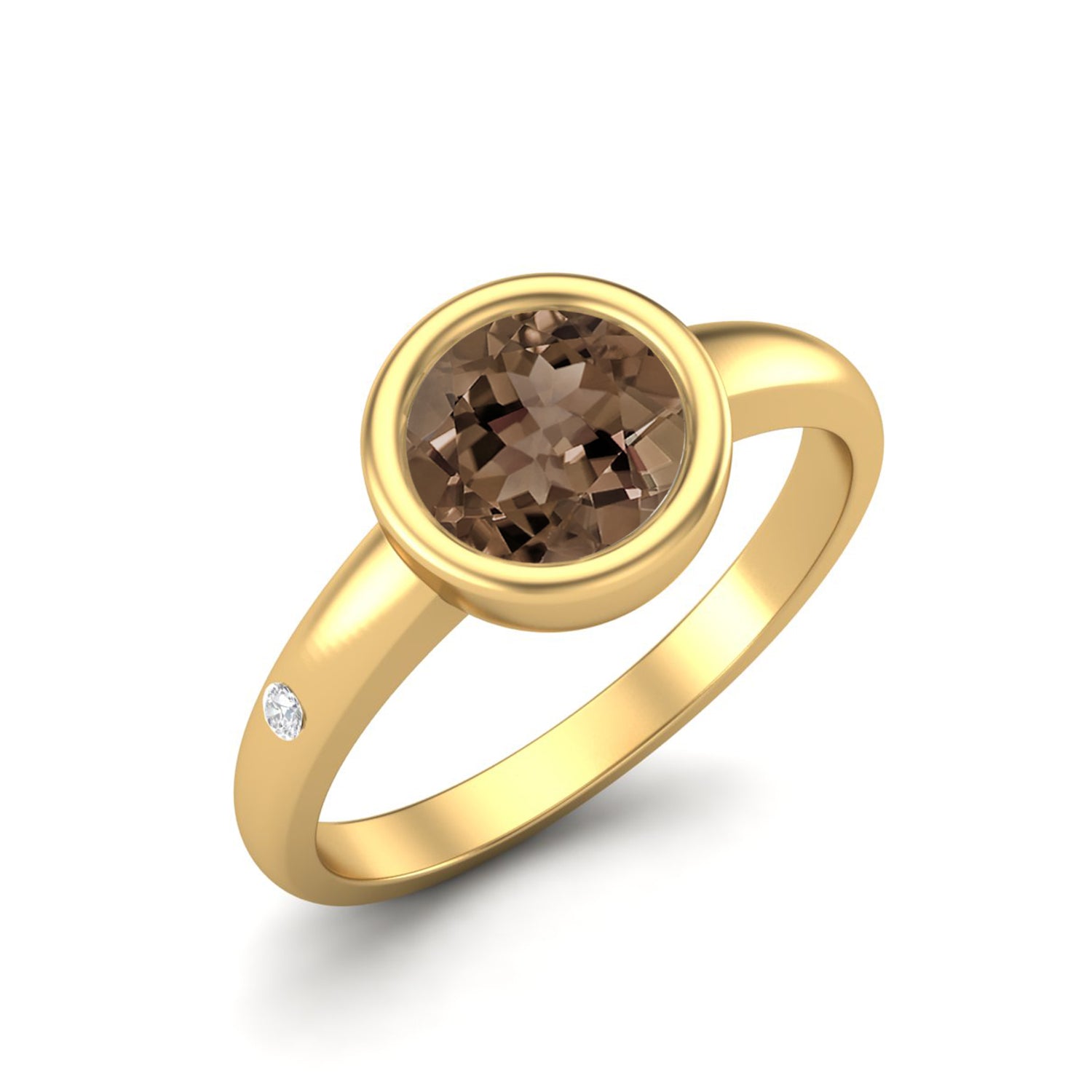 Smoky Quartz 0.75 Ct Round Bezel Solitaire Ring – 14K Yellow Gold