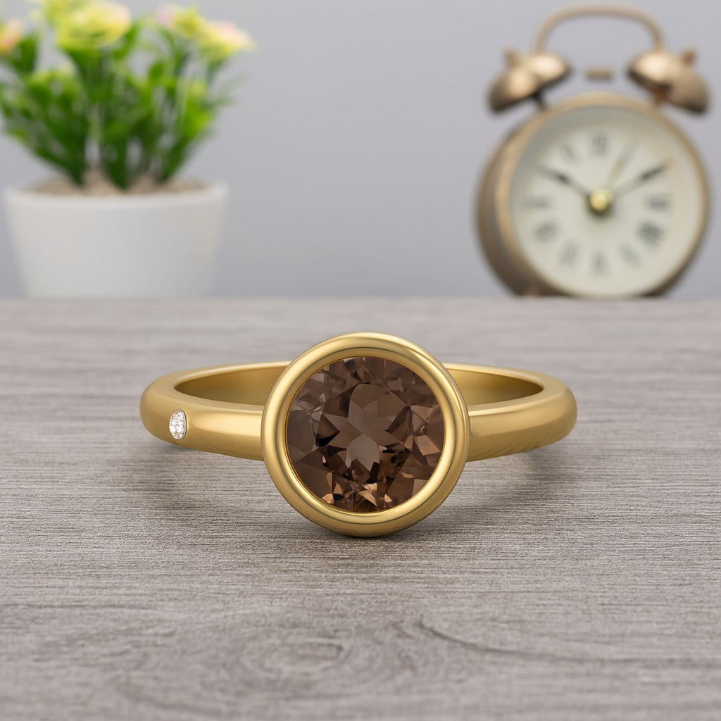 Smoky Quartz 0.75 Ct Round Bezel Solitaire Ring – 14K Yellow Gold