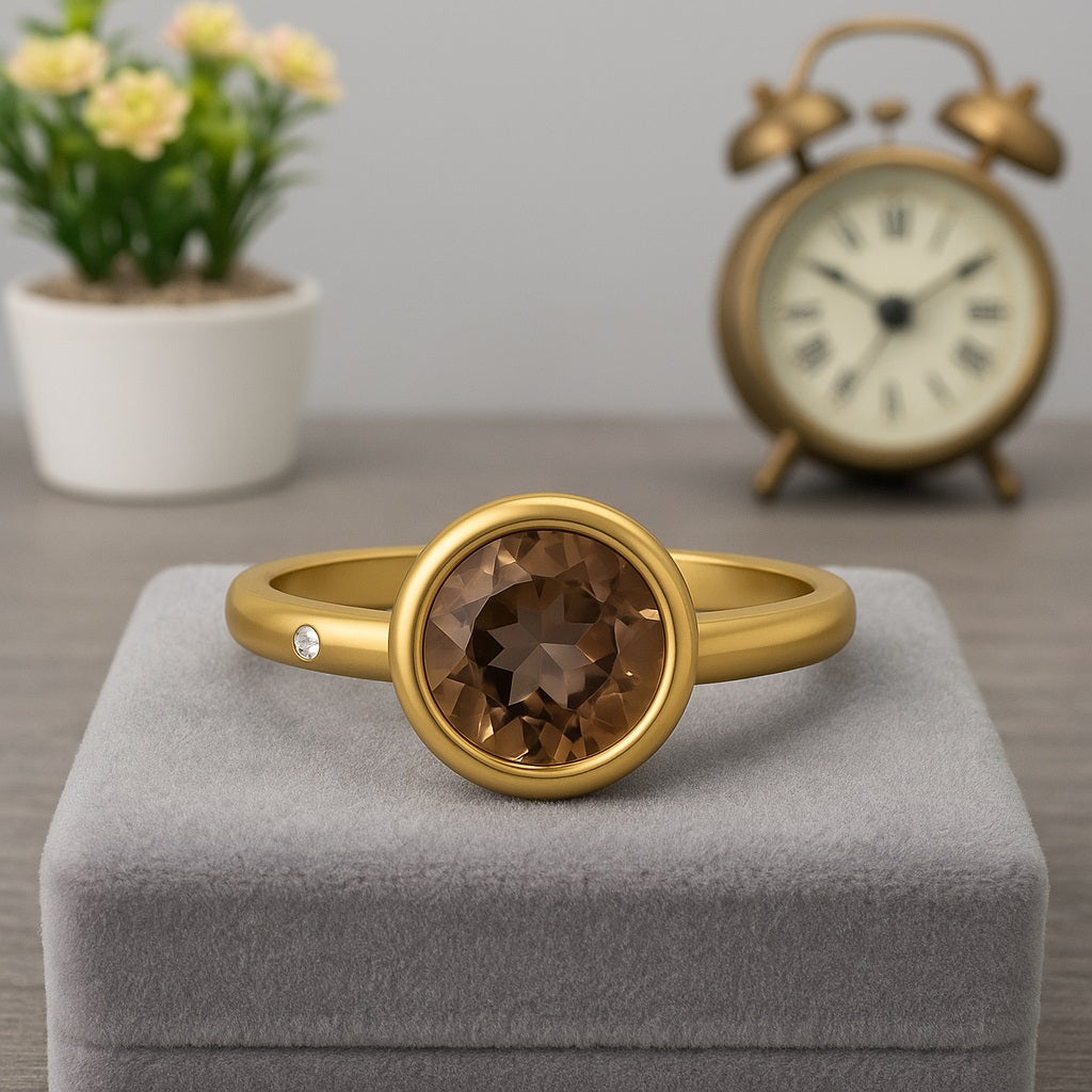 Smoky Quartz 0.75 Ct Round Bezel Solitaire Ring – 14K Yellow Gold