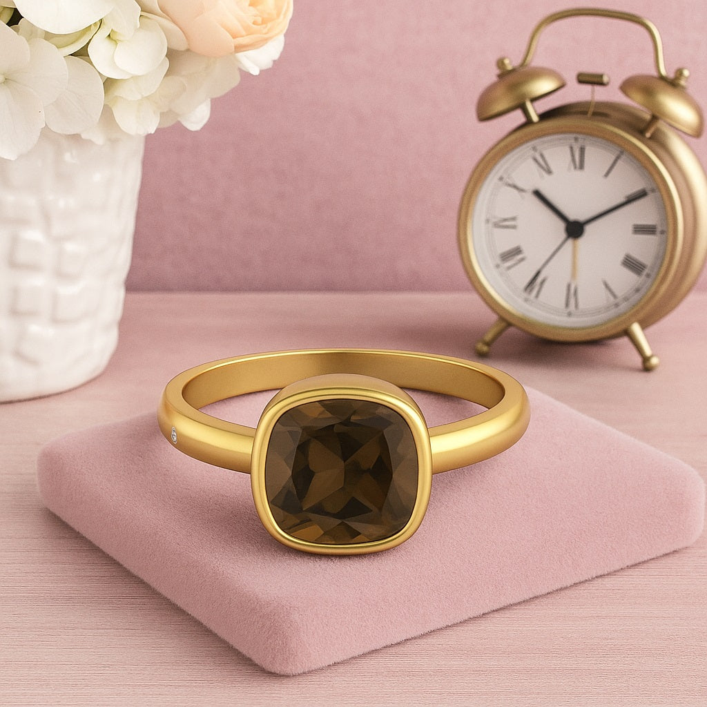 Smoky Quartz 2.90 Ct Cushion Classic Statement Ring – 14K Yellow Gold