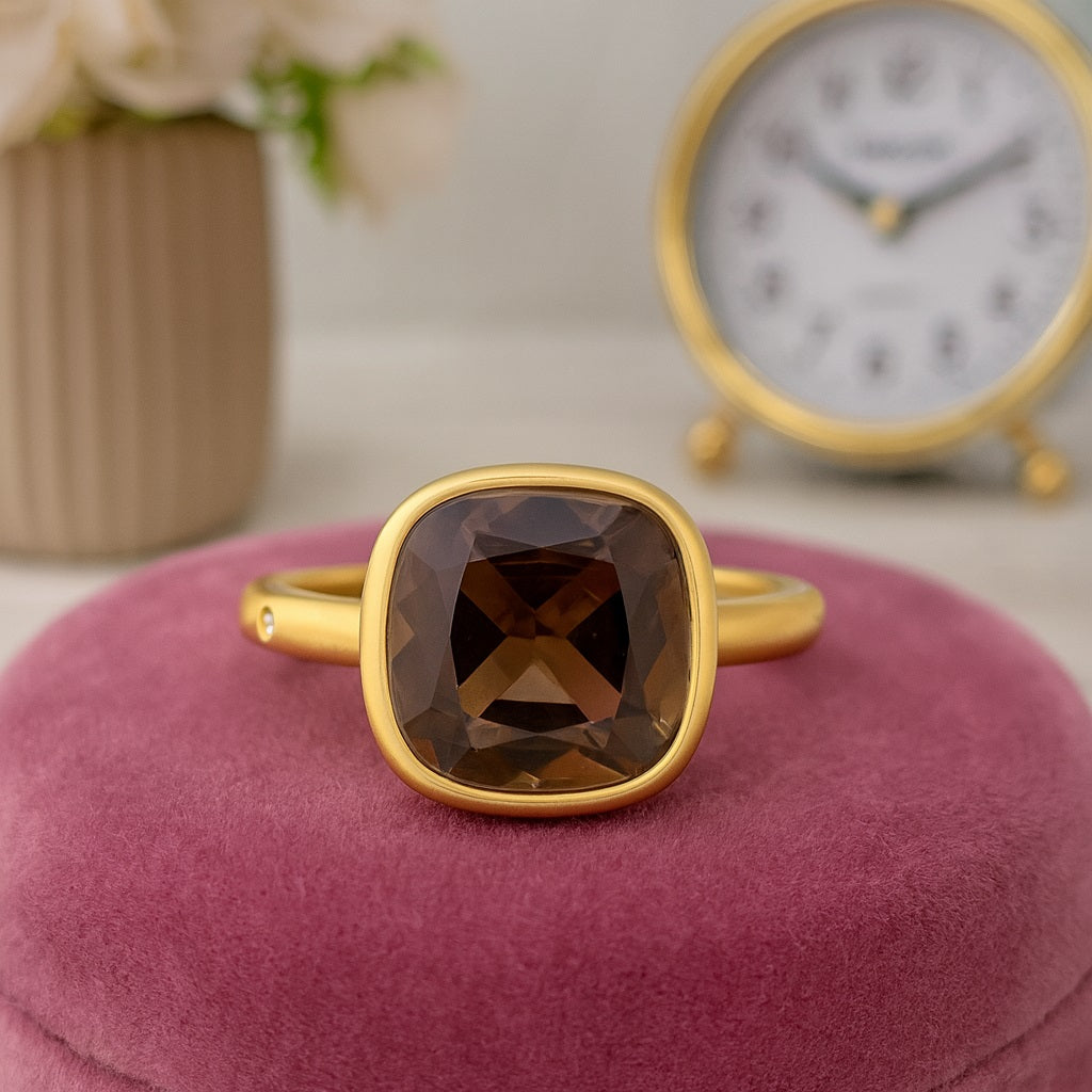 Smoky Quartz 2.90 Ct Cushion Classic Statement Ring – 14K Yellow Gold
