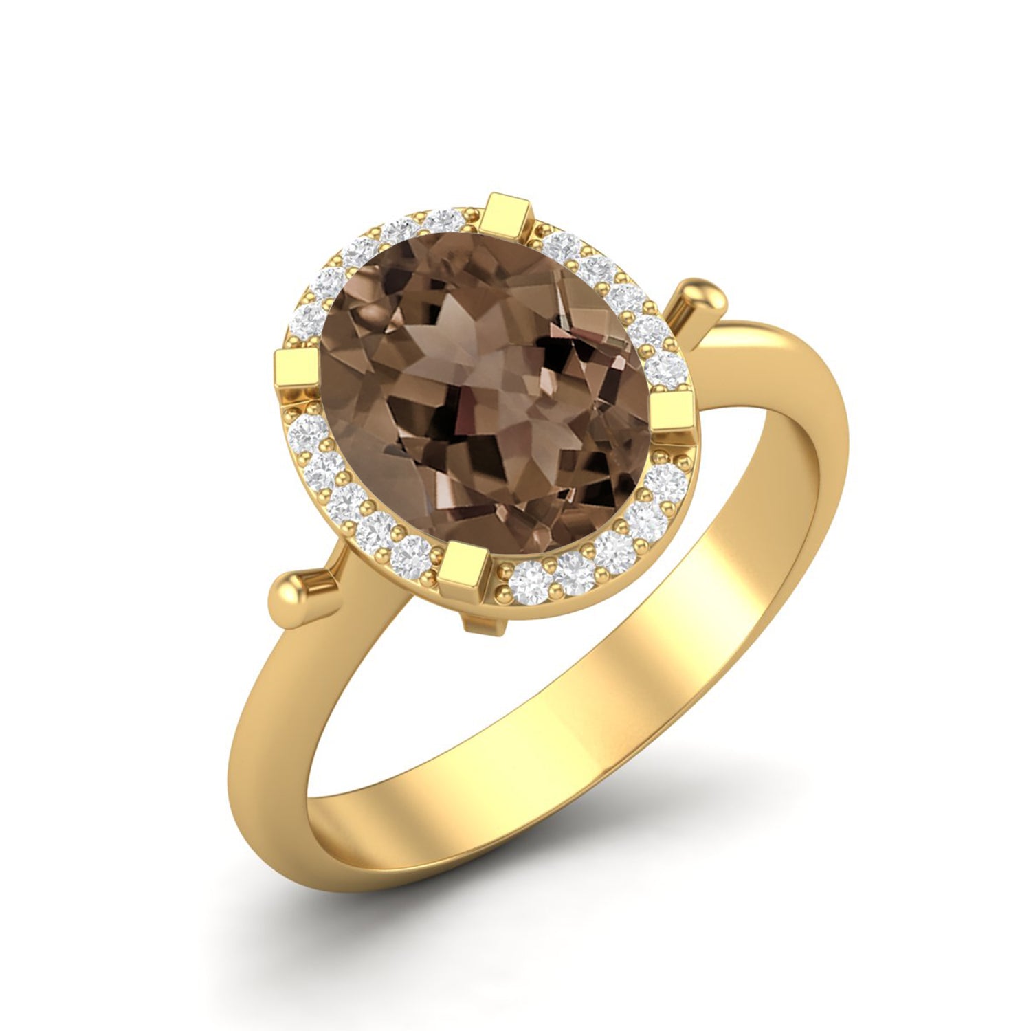 Smoky Quartz 3.00 Ct Oval Halo Ring – 14K Yellow Gold