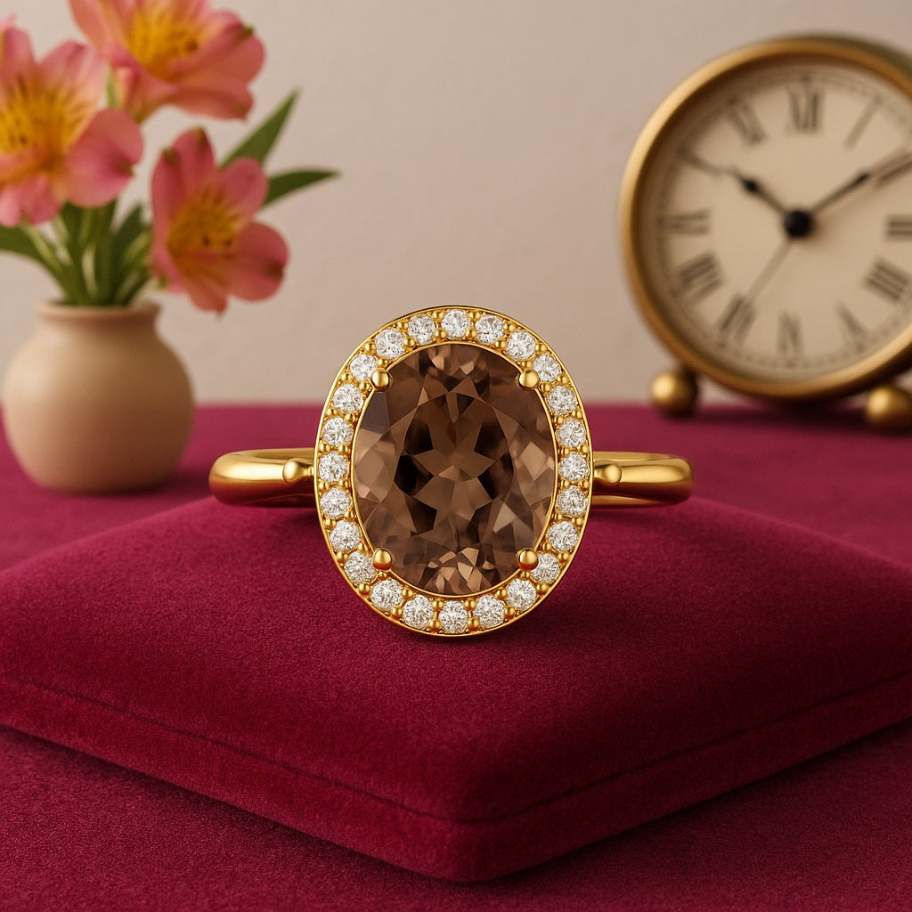 Smoky Quartz 3.00 Ct Oval Halo Ring – 14K Yellow Gold
