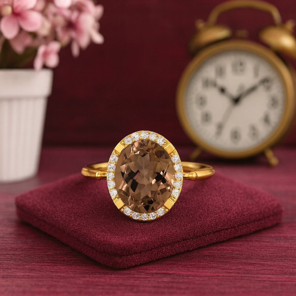 Smoky Quartz 3.00 Ct Oval Halo Ring – 14K Yellow Gold
