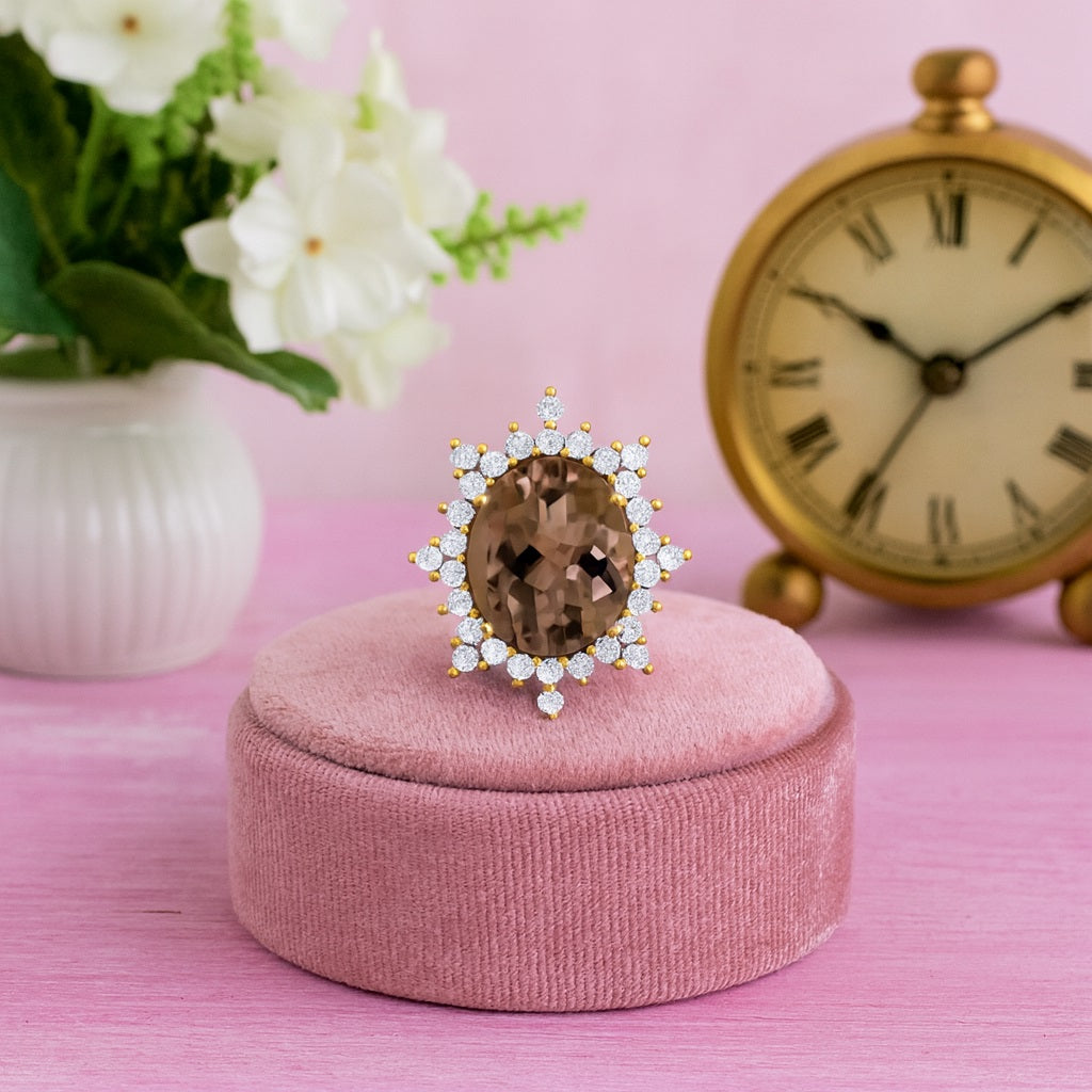 Smoky Quartz 10.50 Ct Oval Cluster Ring – 14K Yellow Gold
