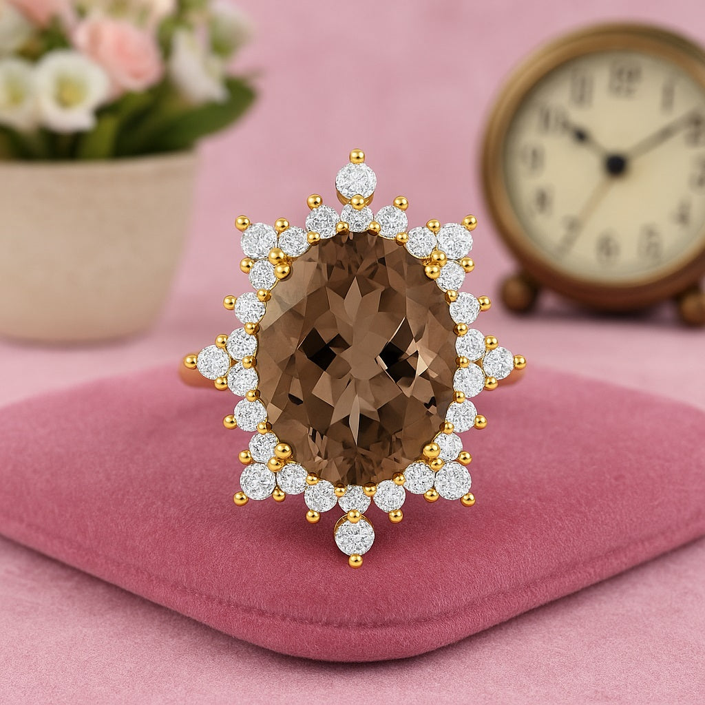 Smoky Quartz 10.50 Ct Oval Cluster Ring – 14K Yellow Gold